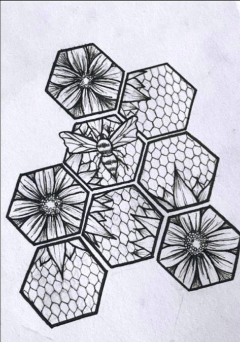 Honeycomb Drawing Pattern, Quilting Tattoos, Honeycombs Drawings, Observational Drawings, Honeycomb Tattoo, Traditional Tattoo Sleeve, Daisy Tattoo, Observational Drawing, Drawing Journal