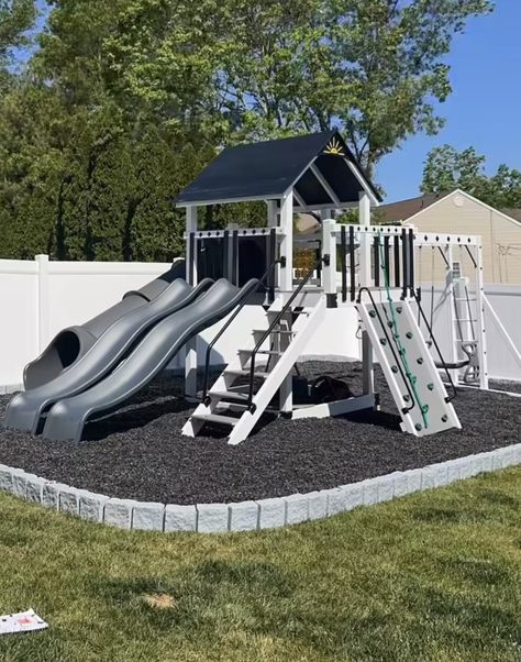 Backyard Patio Designs With Playground, Custom Playhouse Backyard, Backyard Landscaping With Playground, Backyard Playset Ideas, Backyard With Pool And Playground, Playground In Backyard, Play Ground For Kids Backyard Ideas, Backyard With Playground, Family Backyard Layout Play Areas