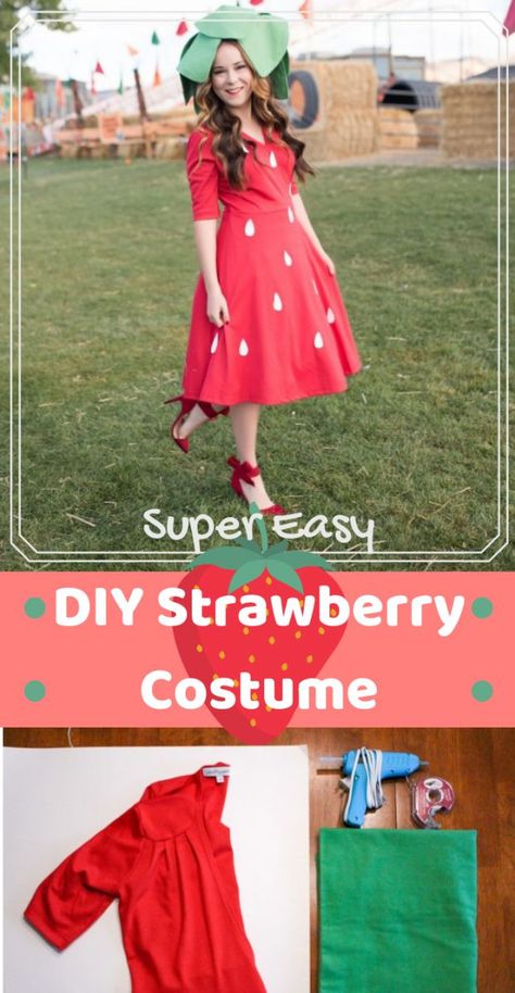 DIY Strawberry Costume | Easy DIY Halloween Costume | Super easy DIY Costume Diy Strawberry Costume, Party Strawberries, Strawberry Costume Diy, Modest Halloween Costumes, Food Halloween Costumes, Strawberry Costume, Decoration For Party, Food Halloween, Fruit Decoration