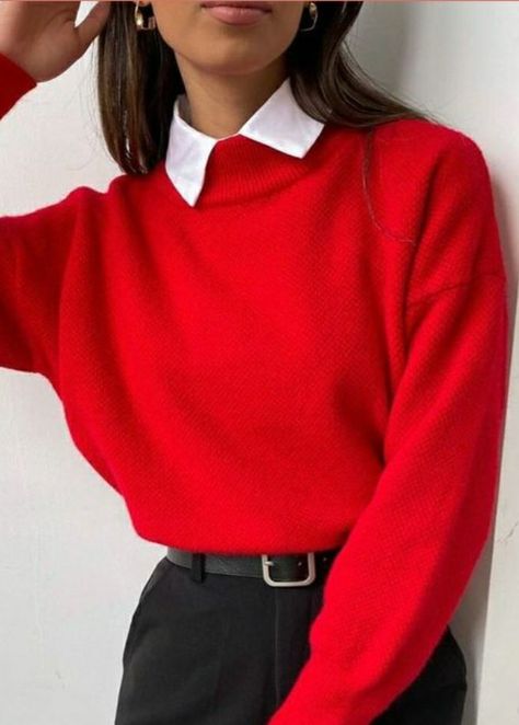 Red Cropped Sweater Outfit, Red Sweatshirt Outfit, Red Tshirt Outfit, Cropped Sweater Outfit, Red Sweater Outfit, Casual Tshirt Outfit, Sleeveless Turtleneck Top, White Shirt Outfits, Look Office