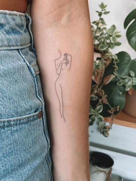 Line Body Tattoos For Women, Womens Silouette Tattoo, Stick And Poke Tattoo Line Art, Women Shilouette Tattoos, Simple Body Tattoos, Line Work Woman Tattoo, Woman Line Drawing Tattoo, Outline Of A Woman Tattoo, Abstract Women Tattoo