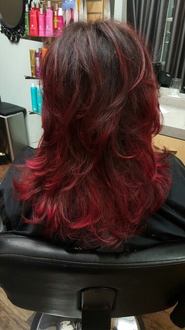 Brown to red ombre Dark Red Haircut, Brown With Red Tips Hair, Faded Dark Red Hair, Dark Red Fade Hair, Red Underlayer Hair Brown, Red Hair With Lighter Red Highlights, Wine Red Streaks In Black Hair, Red Tips On Dark Hair, Hair Dye For Brown Hair Ideas