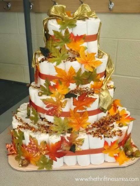 Diaper cake at a Fall Baby Shower Party! See more party planning ideas at CatchMyParty.com! Fall Diaper Cake, Cake Autumn, Fall Baby Shower Ideas, October Baby Showers, October Baby, Nail Dryers, Baby Shower Favors Girl, Baby Shower Diaper Cake, Baby Diaper Cake