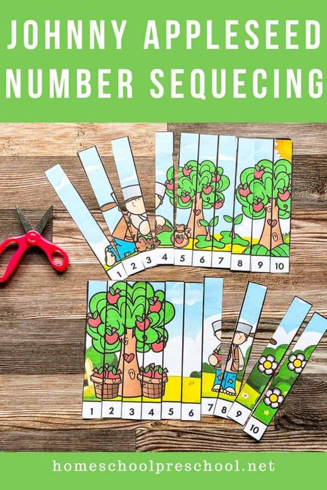 Number Sequence Puzzle, Puzzles For Preschoolers, Jonny Appleseed, Johnny Appleseed Craft, Preschool Christmas Activities, Free Printable Numbers, Tree Collage, Sequencing Cards, Johnny Appleseed