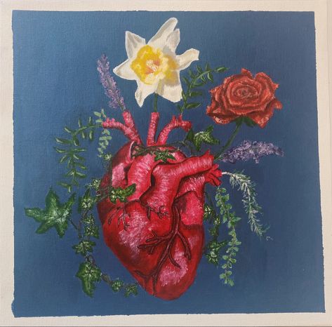 Heart Flowers Painting, Heart Flower Painting, Heart With Flowers Painting, Real Heart Painting, Realistic Heart Painting, Heart With Flowers, Koi Painting, Heart Vase, Canvas Drawings