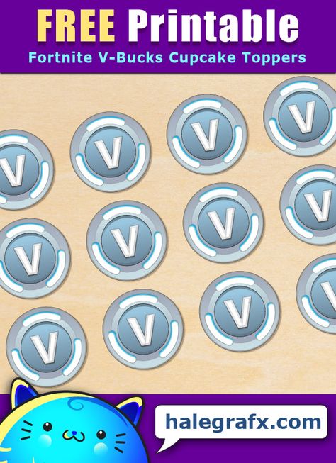 Free Printable Fortnite V-Bucks Cupcake Toppers Fortnite Free Printables, Chug Jug Fortnite Printable Free, Fortnite Printables, V Bucks Fortnite Printable, Fortnite Printables Free Images, Fortnite Images To Print, Fortnight Birthday, Fortnight Party, Fortnite V Bucks