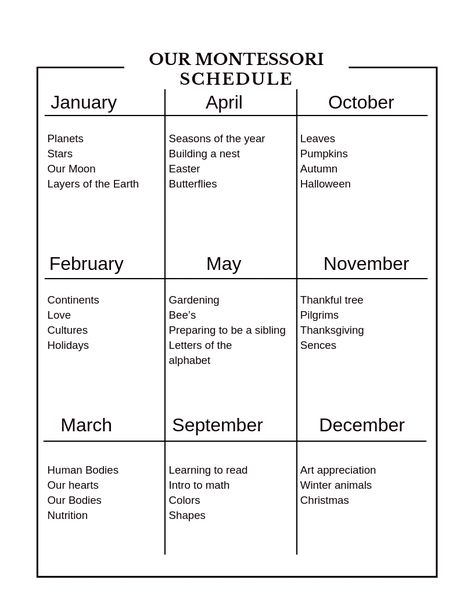 Our Montessori Schedule - Nightchayde 1st Grade Homeschool Schedule Ideas, Kindergarten Homeschool Weekly Schedule, Montessori Daycare Schedule, Montessori Preschool Schedule, Montessori Preschool Daily Schedule, Montessori Daily Schedule, Montessori Monthly Themes, Homeschool Preschool Schedule Lesson Plans, Montessori Preschool Curriculum