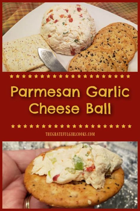 Make a Parmesan Garlic Cheese Ball for a snack, party or potluck! Simple to make, this yummy appetizer is spread on a variety of crackers! via @gratefuljb Cheese Spread Recipes For Crackers, Parmesan Dip, Cheese Spread Recipes, Cream Cheese Ball, Nut Cheese, Ball Recipes, Garlic Cheese, Cheese Ball Recipes, Girl Cooking