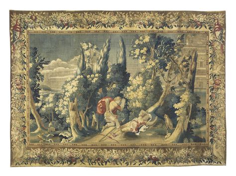 AN ENGLISH MYTHOLOGICAL TAPESTRYMID-17TH CENTURY, MORTLAKE OR SOHOWoven in wools and silks, depicting the story of 'Cephalus and Procris' from the series entitled Mythologies or Ovid's Metamorphoses, with Cephalus kneeling before the body of Procris laying amidst foliage against a tree, within a bead-and-reel surround and a foliate border, possibly reduced in size and with subsequent cuts to the borders, some losses to wool and with minor areas of restoration and reweaving8 ft. 9 in. x 12 ft. Old Tapestry, Antique Tapestry, Tapestry Embroidery, French Tapestry, Medieval Tapestry, Wool Tapestry, Art Tapestry, Louis Xiv, Keith Haring