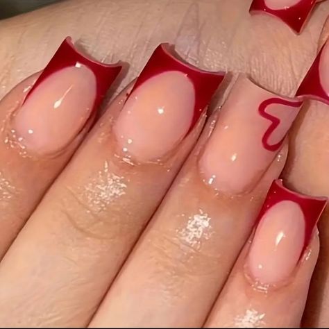 Press On Nails 24 Count Love Design Red French Medium Square Comes With Jelly Glue And Nail File New Cute Red Nails, Fall Thanksgiving Nails, Square Press On Nails, Red French, Gel Nail Tips, Summery Nails, Blush Nails, Dope Nail Designs, French Nail Designs