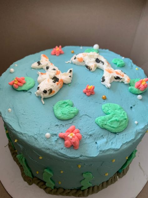 Koi Cake Ideas, Koi Pond Cake, Fish Themed Cake, Koi Fish Cake, Koi Cake, Fish Birthday Cake, Pond Cake, Watercolor Cakes, Fish Cake Birthday