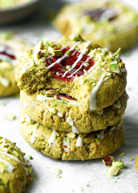 Cardamon Cookies, Pistachio Cardamom, Cardamom Cookies, Jam Thumbprint Cookies, Raw Pistachios, Pistachio Recipes, Jam Recipes Homemade, Pistachio Cookies, Dairy Free Dessert