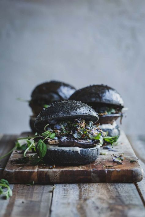 Roast Mushrooms, Vegan Portobello, Black Foods, Mushrooms Roasted, Portobello Mushroom Burger, Mushroom Burgers, Vegan Burger Recipe, Portobello Mushroom Recipes, Roasted Sprouts