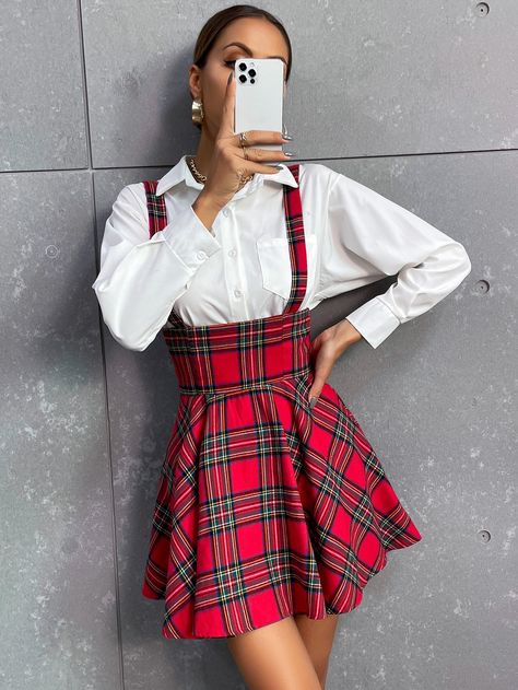 Plaid Print Flare Hem Straps Skirt Red Tartan Skirt Outfit, Red Check Skirt, Tartan Skirt Outfit, Red Tartan Skirt, Pinafore Skirt, Strap Skirt, Split Hem Skirt, Check Skirt, Tartan Skirt