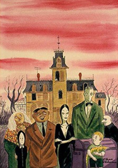 Charles Addams first introduced the world to his Addams Family in a cartoon in a 1938 issue of The New Yorker magazine. Seen here are Grandma Frump, Wednesday, Gomez, Morticia, Lurch, Pugsley and Uncle Fester. Addams Family Wallpaper, Addams Family Cartoon, Addams Family Tv Show, Family Wallpaper, Charles Addams, Adams Family, The Addams Family, Cartoon Books, American Gothic