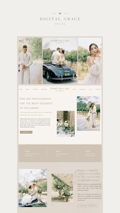 The Hampton Lane template is designed with the fine art wedding photographer, vendor, or creative in mind – complete with full Experience page, Education and Sales pages, Portfolio pages, Press page, and more! Shop Showit Website Templates from Digital Grace Design. Nutrition Website Design, Portfolio Pages, Shop Banner Design, Wedding Website Template, Wedding Website Design, Feminine Wordpress Theme, Showit Template, Portfolio Website Design, Photographer Website