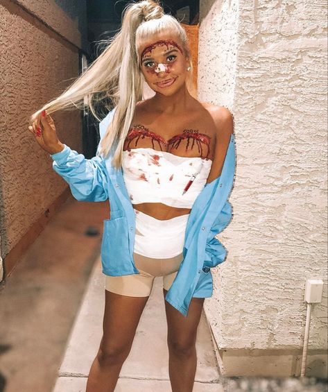 Halloween costume Botched Barbie Halloween Costume, Barbie Halloween Costume Scary, Halloween Patient Costume, Botched Halloween Makeup, Botched Barbie Halloween, Botched Plastic Surgeries Costume, Scary Barbie Costume, Zombie Barbie Costume, Surgery Halloween Costume