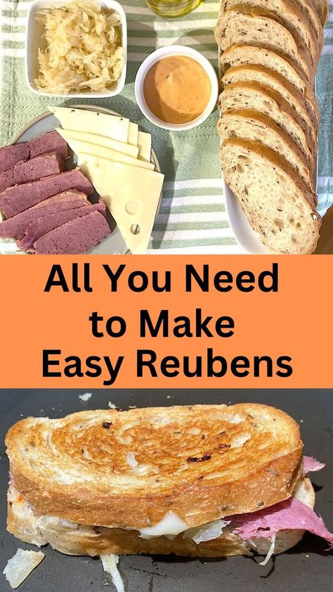 Picture of sandwich ingredients and a pan-taosted Reuben. Best Panini Recipes, Best Reuben Sandwich, Gourmet Sandwiches Recipes, Corned Beef Reuben, Family Favorite Casseroles, Reuben Recipe, Reuben Sandwich Recipe, Reuben Sandwiches, Easy Comfort Food Dinners