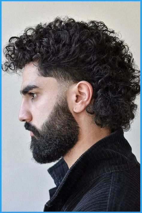 Profile of a man with thick, curly hair and a full beard against a pale background. Curly Beard Styles, Medium Beard Styles, Popular Beard Styles, Curly Beard, Male Haircuts Curly, Mens Hairstyles With Beard, Beard Haircut, Gents Hair Style, Men Haircut Curly Hair