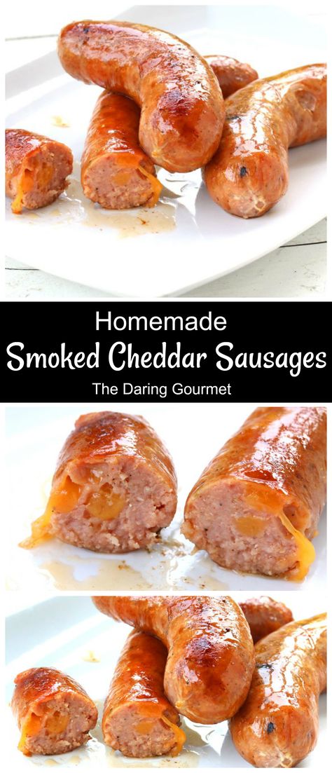 Smoky, zesty and oozing with cheese, these homemade smoked cheddar sausages are absolutely perfect for your next grilling party! Meat Grinder Recipes, Jerkey Recipes, Grilling Party, Meat Curing, Sausage Making Recipes, Home Made Sausage, Bratwurst Recipes, Homemade Sausage Recipes, Sausage Seasoning