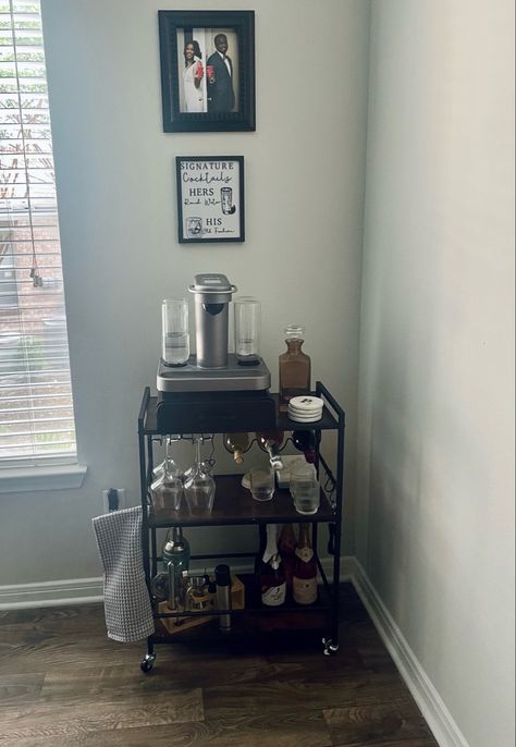 Bar cart inspo! Easily my favorite part of my home! A functional but gorgeous decor piece in our home. Lots of these pieces were on my wedding registry, and are truly great gifts. #homedecor #barcart #bar Follow my shop @teachingwithmrsjaz on the @shop.LTK app to shop this post and get my exclusive app-only content! #liketkit #LTKhome #LTKwedding @shop.ltk https://liketk.it/4c2k8 Bartesian Bar Decor, Bar Cart Rental, Coffee And Bar Cart, Bar Cart Ideas For Home, Bar Cart Basics, Mobile Bar Cart Rental, Bartesian Cocktail Maker Bar Cart, Bar Cart Accessories Silver, Bar Cart Inspo