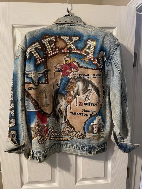 Denim Art, Custom Jacket, San Antonio, Art Ideas, Houston, Austin, Denim Jacket, Cowboy, Art