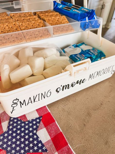 Close-up of S'mores tackle box Snackle Box Ideas Smores, Smores Box Diy, Tackle Box For Smores, S’mores Box, Tackle Box S’mores, Chocolate Graham Cracker Cookies, S'mores Box, Backyard Campout, Seafood Boil Party