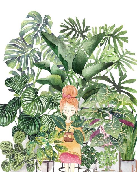 Happy Wednesday! Hope you had a lovely day so far! 😘 This illustration is for prompt ~PLANT LADY~ in the Urban Jungle Week challenge. This… Scrapbook Printable, Zen Den, Arte Alien, Week Challenge, Pebble Pictures, Flower Video, Plant Images, Girl Flower, Watercolor Plants