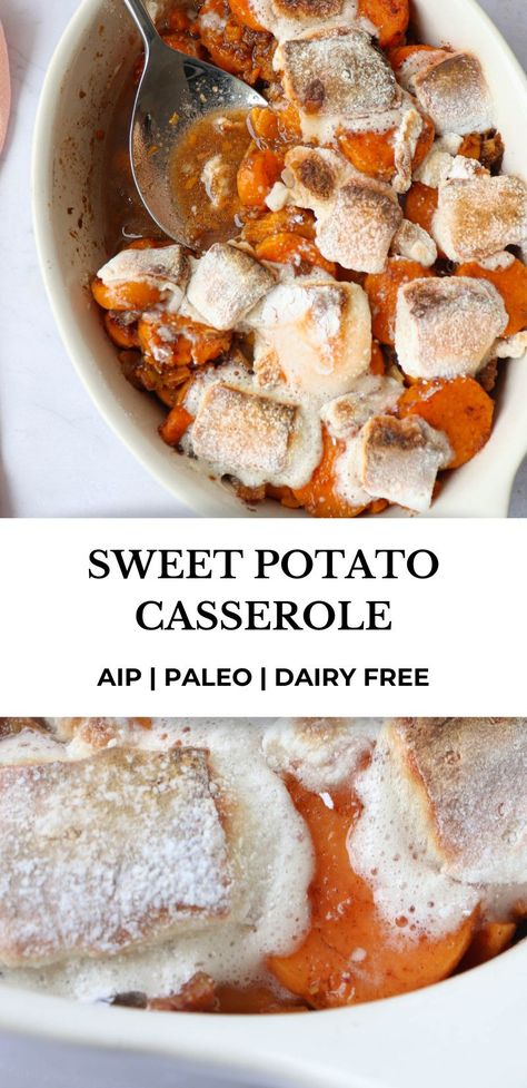 This Sweet Potato Casserole is a classic holiday dish that's AIP, paleo and refined sugar free. It's made with crushed pineapple, cinnamon and coconut oil and topped with optional homemade AIP marshmallows. #aip #aiprecipes #holidayside #sweetpotato #sweetpotatocasserole #Paleo #dairyfree #autoimmune #holiday #christmasdishes Aip Thanksgiving Recipes, Aip Sweet Potato, Paleo Marshmallows, Paleo Sweet Potato Casserole, Paleo Holiday Recipes, Gluten Free Recipes Side Dishes, Sweet Potato Thanksgiving, Paleo Thanksgiving, Boiling Sweet Potatoes