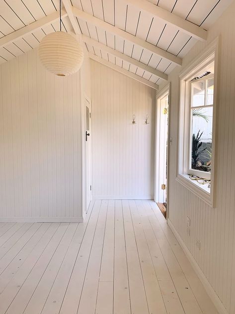 white painted backyard shed Tiny House Front Design, Summer Hangout, Courtney Adamo, Exposed Rafters, Shed Interior, Backyard Cottage, Condo Remodel, Backyard Studio, Backyard Shed