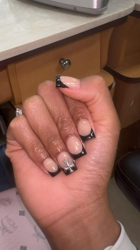 French Tip Nails With Cross, Nails With Cross Charm, Nails With Cross, Cross Nail Designs, Black French Tip Nails, Short French Nails, Black French Nails, Short French Tip Nails, Black French Tip