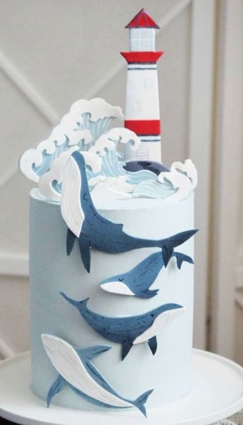 Lighthouse Cake Ideas, Humpback Whale Cake, Sea Animals Birthday Cake, Nautical Cakes Ideas, Sea Animal Birthday Cake, Whale Cake Ideas, Sea Cakes Birthday, Ocean Cake Ideas, Sea Animal Cake