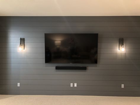 DBC Home Shiplap on TV wall Simple Basement Tv Wall, Accent Tv Wall Basement, Tv With Shiplap Wall, Wall Hung Tv Ideas, Living Room Shiplap Accent Wall With Tv, Shiplap Wall With Lights, Tv Wall With Shiplap, Shiplap Wall In Basement, Shiplap In Basement