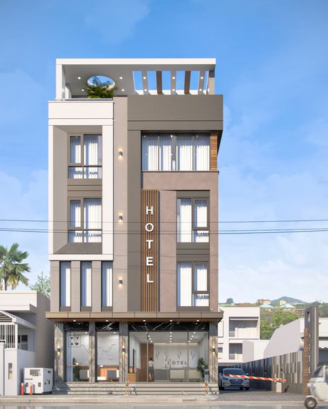 Modern Commercial Elevation, Small Hotel Elevation Exterior, 22 Feet Front Elevation Modern, Small Hotel Exterior, Hotel Facade Design Modern, Hotel Front Elevation Design, Hotel Elevation Exterior, Modern Hotel Exterior, Hotel Elevation Design