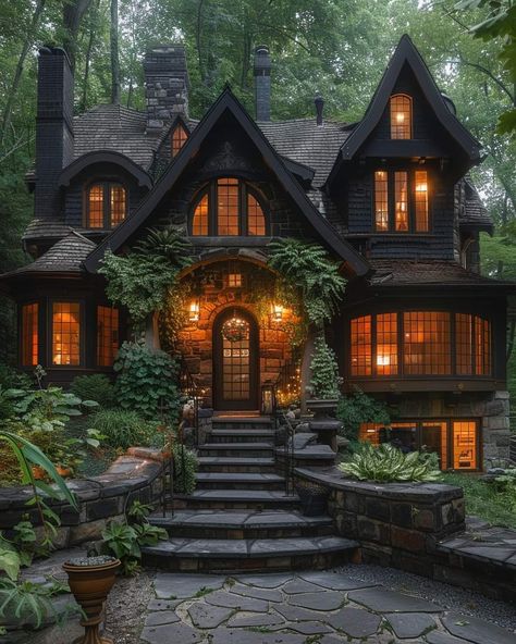 Witchy Home Exterior, Grunge House Exterior, Gothic Barndominium, Dark Academia House Exterior, Dark Green House, Gothic House Exterior, Victorian Gothic House, Gothic Cottage, Fairytale Houses