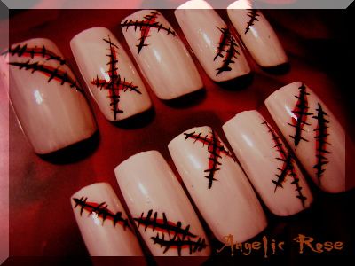 stitches nail art Halloween Frankenstein Nails, Marvel Horror, Gothic Nail Art, Zombie Nails, Horror Nails, Day Clothes, Halloween Acrylic Nails, Wow Nails, Red Polish