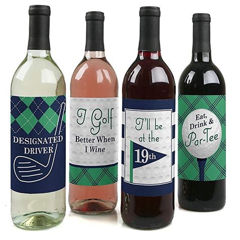 Par-Tee Time - Golf - Birthday or Retirement Party Wine Bottle Labels - Set of 4 Golf Theme Party, Birthday Party Drinks, Blue Wine Bottles, Golf Party Decorations, Wine Bottle Stickers, Retirement Party Gifts, Par Tee, Golf Birthday Party, Wine Bottle Label