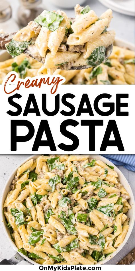 One-pan Creamy Penne With Spinach And Italian Sausage, Pasta Sausage Spinach Recipes, Mild Sausage Pasta Recipes, Breakfast Sausage Pasta, Italian Sausage Recipes Ground, Easy Ground Sausage Dinner Recipes, Sausage And Spinach Recipes, Sausage Noodle Recipes, Sausage And Pasta Recipes Easy