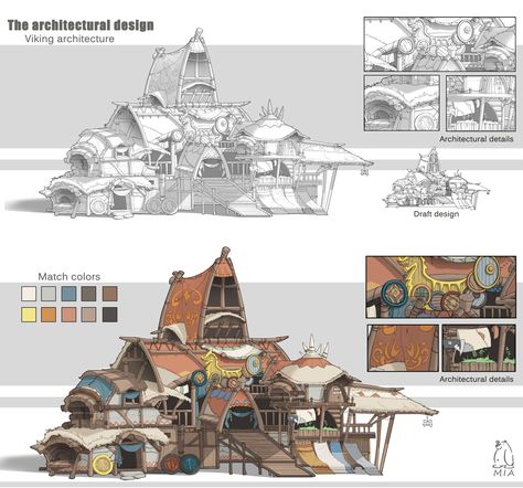 ArtStation - The Viking architectural design, MIA XU A Level Art Sketchbook, Bg Design, Concept Art Tutorial, Props Art, Building Concept, Arte Cyberpunk, Fantasy Castle, Fantasy City, Game Concept Art