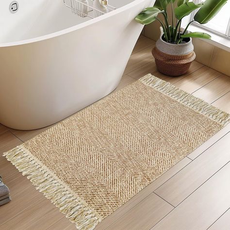 PRICES MAY VARY. 【Rug Pad Recommended】Expertly woven from low pile cotton without a rubber backing. For optimal stability, we recommend using a rug pad to prevent shifting. 【Durable & Natural】 Made from natural cotton fiber, our hand-woven rug is sturdy and resistant to stains and fading. It's perfect for high-traffic areas, maintaining its shape longer. Soft, breathable, non-shedding, and eco-friendly, it's an ideal choice for families with pets and children. 【Lightweight & Reversible】Featuring Entry Door Rugs Entryway, Jute Bathroom Rug, Spanish Floor Tile, Farmhouse Carpet, Boho Entryway, Small Bathroom Rug, Bathroom Runner, Entry Decor, Front Door Mat