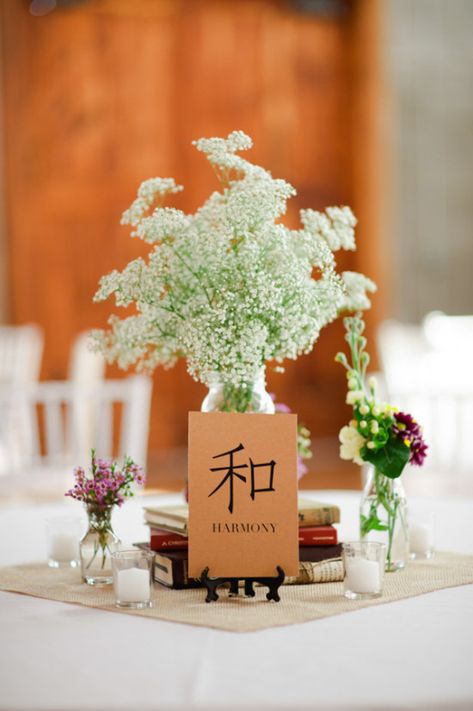 centerpiece ideas, wood plank with chinese writing engraving Wedding Table Planner, Asian Fusion Wedding, Wedding Table Toppers, Chinese Banquet, Modern Chinese Wedding, Chinese Wedding Decor, Asian Inspired Wedding, Dinner Reception, Cheap Wedding Flowers