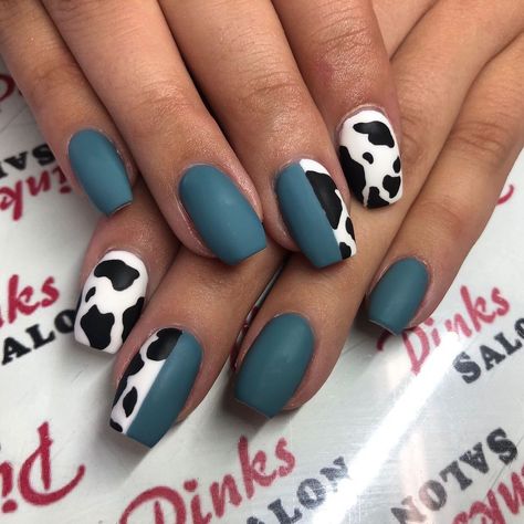 Cow Nails Designs Short, Unique Black Nails Acrylic, Navy Blue Cow Print Nails, Dark Blue Cow Print Nails, Livestock Show Nails, Nails For The Month Of May, Purple And Cow Print Nails, Winter Cow Print Nails, Blue Cow Print Nail Ideas