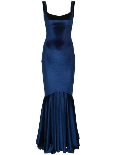 Shop Atu Body Couture sleeveless velvet mermaid gown Empire Period Fashion, Sapphire Velvet Dress, Blue Tinted Wedding Dress, Dress Bottom Types, Mermaid Style Gown, Skin Fit Dress, Navy Blue Dress Prom, Blue Dress Couture, Types Of Necklines Dresses