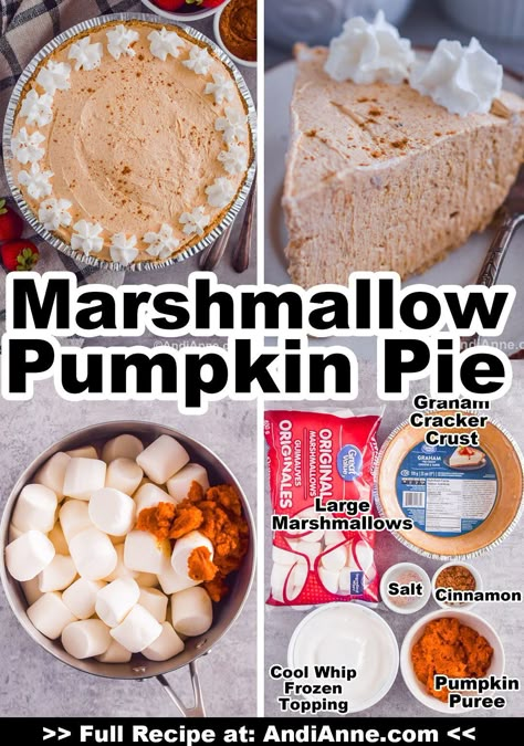 Pumpkin marshmallow pie is an easy no-bake recipe that needs only six ingredients. Melted marshmallows, pumpkin puree and pumpkin pie spice are combined with cool whip and poured into a graham cracker crust. The dessert is chilled for 8 hours before slicing. Pumpkin Pie With Marshmallow Topping, Marshmallow Pumpkin Pie Recipe, Pumpkin Pie With Oreo Crust, Dr Pepper Pie, No Bake Marshmallow Pumpkin Pie, Best Christmas Pies, Pumpkin Marshmallow Pie, Thanksgiving Dessert Ideas For Kids, Carmel Pumpkin Pie