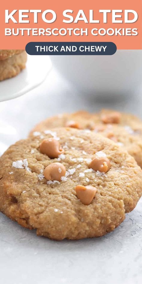 These keto butterscotch cookies are tender and chewy, and rich flavor. Add a little sea salt on top for a one-of-a-kind keto cookie experience! Keto Butterscotch, Butterscotch Cookies Recipes, Butterscotch Chip, Butterscotch Chip Cookies, Butterscotch Cookies, Keto Cookie Recipes, Keto Treats, Keto Baking, Keto Ice Cream