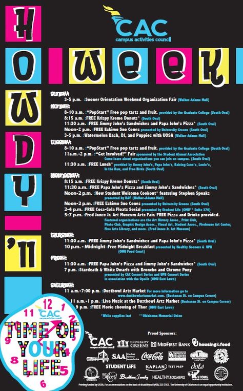 CAC Howdy Week 2011 Poster Welcome Week College Events, College Event Ideas, Academic Advising, Welcome Week, Campus Activities, College Event, Campus Events, Fall Semester, Activity Board