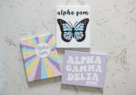 alpha gam, sorority canvas, big/little, 1904, butterfly, pink, purple, blue, yellow Purple Sorority Canvas, Big Little Paintings, Sorority Canvas Ideas, Sorority Canvas Paintings, Sorority Paintings, Big/little Baskets, Little Gifts Sorority, Big Little Canvas, Sorority Themes