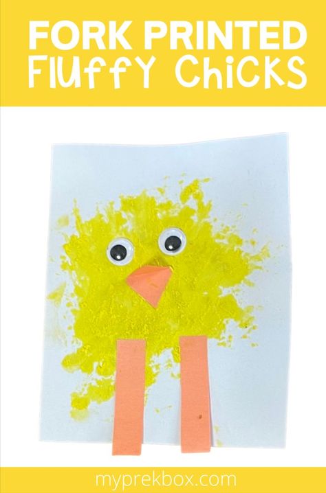 This cute chick craft for preschool kids is all about process art and it uses a fork to create a creature your little one is likely to love. Visit My Pre-K Box for monthly preschool play based learning activities and crafts to do at home! Have fun learning with preschool math, preschool literacy, preschool STEM, and more! Go to: www.myprekbox.com for more details farm craft for kids | chick crafts for toddlers | farm crafts preschool Farm Crafts Preschool, Preschool Farm Crafts, Farm Theme Crafts, Create A Creature, Classroom Art Display, Literacy Preschool, Process Art Preschool, Easter Activities For Preschool, Chick Craft