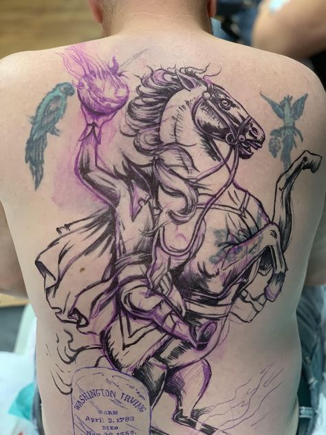 Sleepy Hallow Tattoo, Sleepy Hollow Tattoo, Headless Horseman Tattoo, Hollow Tattoo, Horseman Tattoo, Horror Movie Tattoos, Movie Tattoos, Headless Horseman, Back Piece