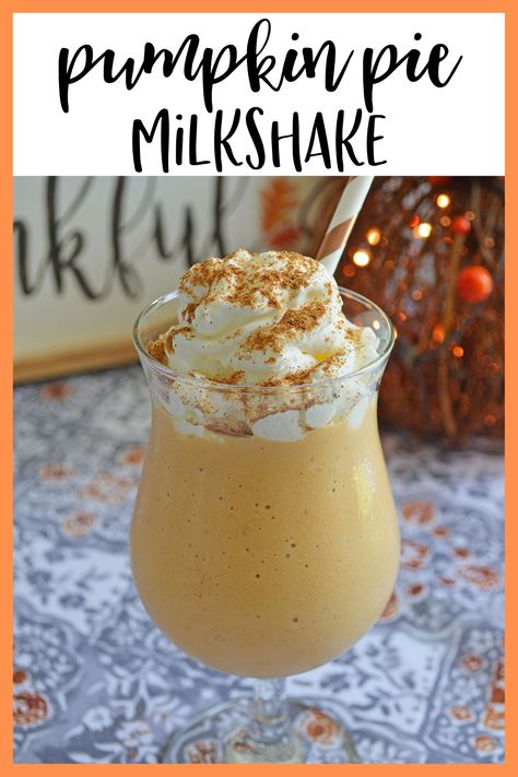 Delicious pumpkin pie milkshake! Perfect for those warmer Fall days in the South! Delicious Milkshakes, Protein Shakes For Kids, Pumpkin Shake, Pumpkin Milkshake, Pumpkin Pie Shake, Pie Milkshake, Recipes Autumn, Fun Holiday Desserts, Fall Beverages